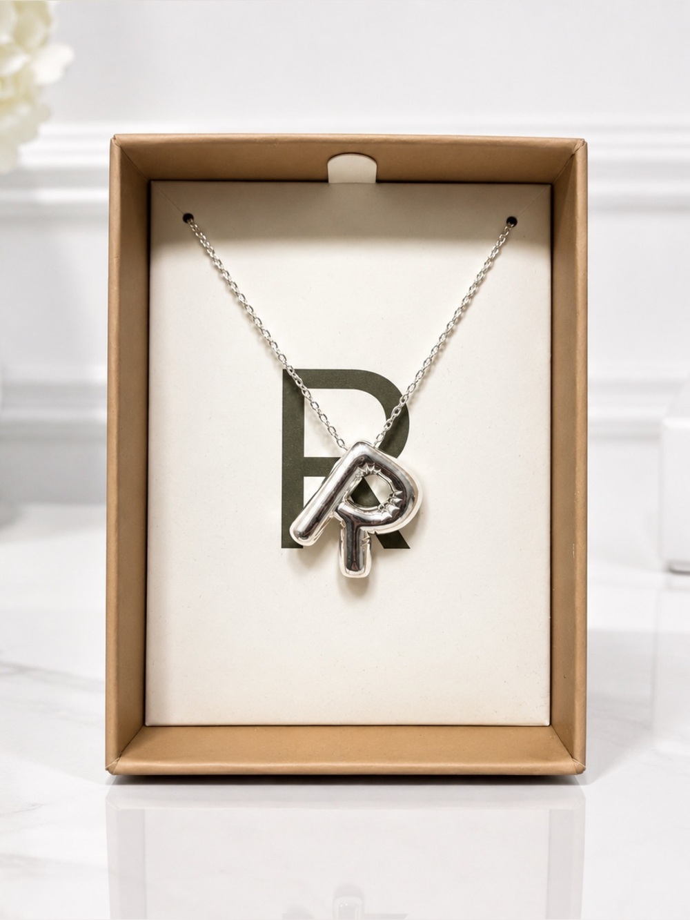 Silver tone monogram R necklace NEW IN THE BOX